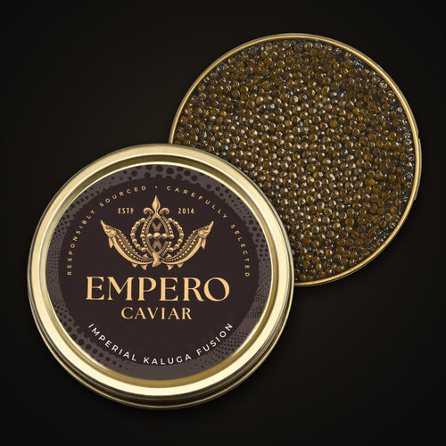 Imperial Kaluga Fusion Caviar — Empero Caviar tin with the lid off, showing the pearls