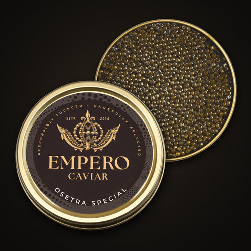 Osetra Special Caviar — Empero Caviar tin with the lid off, showing the pearls