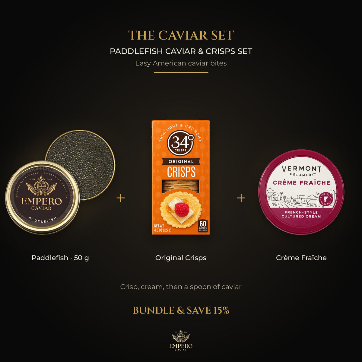 Paddlefish Caviar & Crisps Set: Paddlefish Caviar, 34 Degrees Original Crisps, Vermont Creamery Crème Fraîche – caviar set, 15% off
