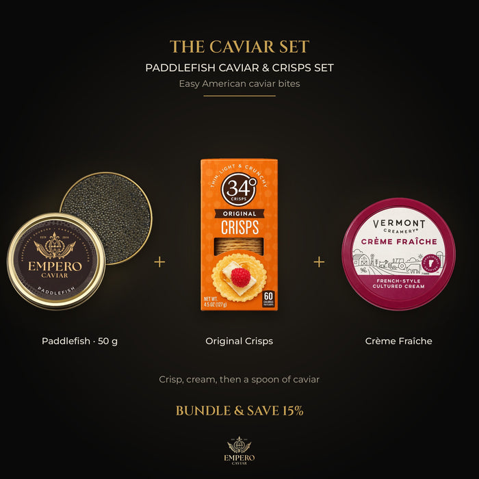 Paddlefish Caviar & Crisps Set: Paddlefish Caviar, 34 Degrees Original Crisps, Vermont Creamery Crème Fraîche – caviar set, 15% off