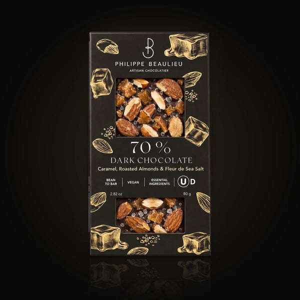 Philippe Beaulieu 70% dark chocolate with caramel, almonds and fleur de sel 80 g – Empero Caviar