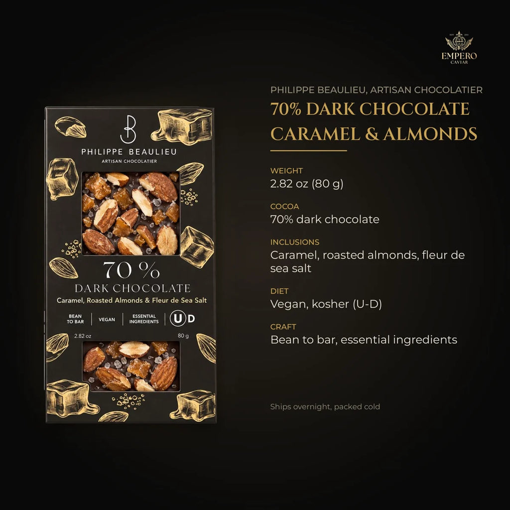 Caramel almond sea salt dark chocolate details – bean to bar, vegan, kosher