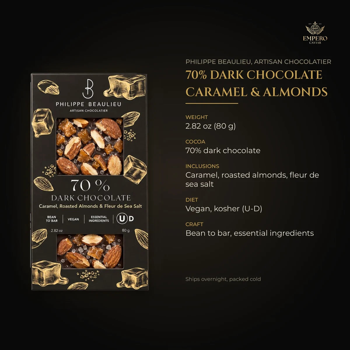 Caramel almond sea salt dark chocolate details – bean to bar, vegan, kosher