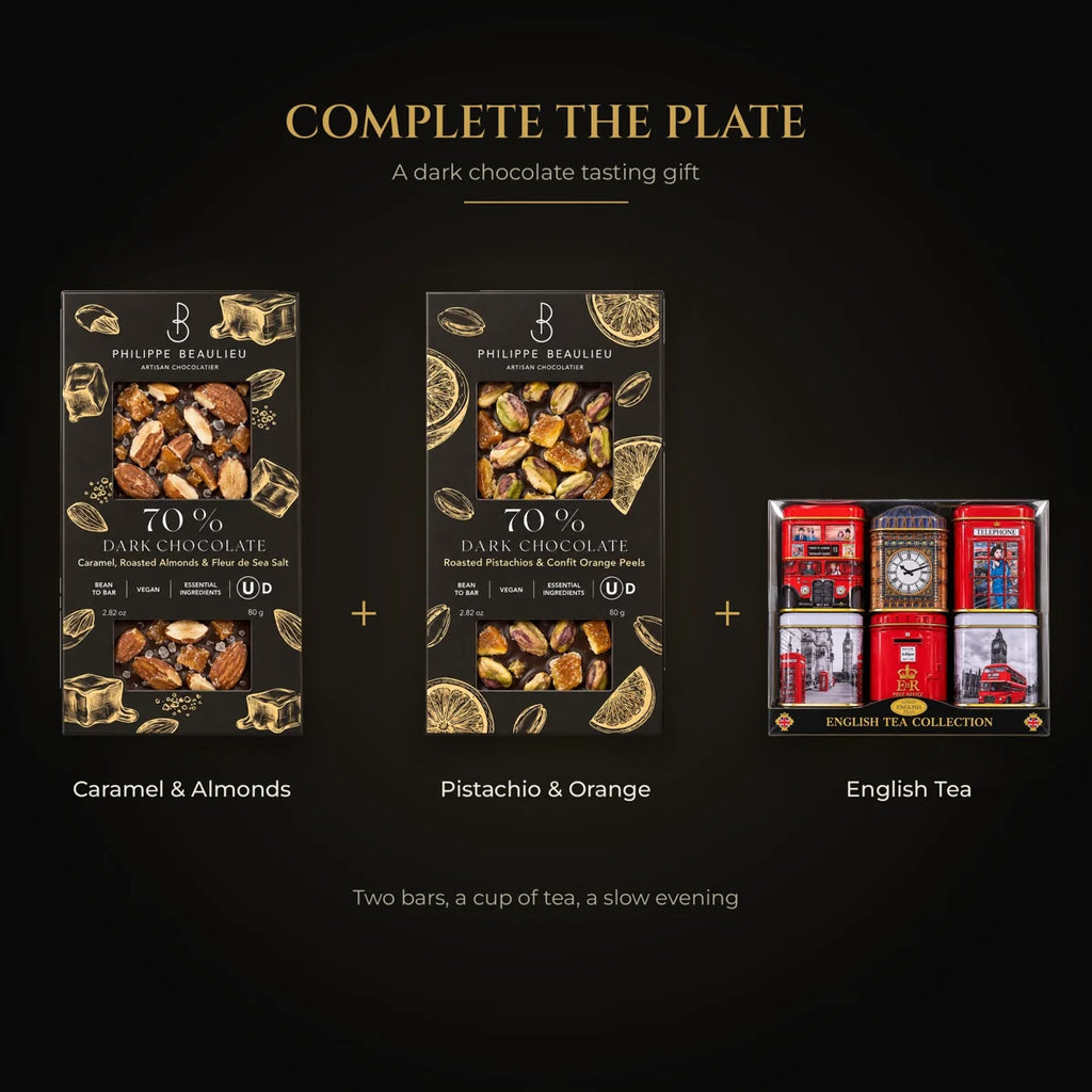 Dark chocolate tasting gift: two Philippe Beaulieu bars and English tea