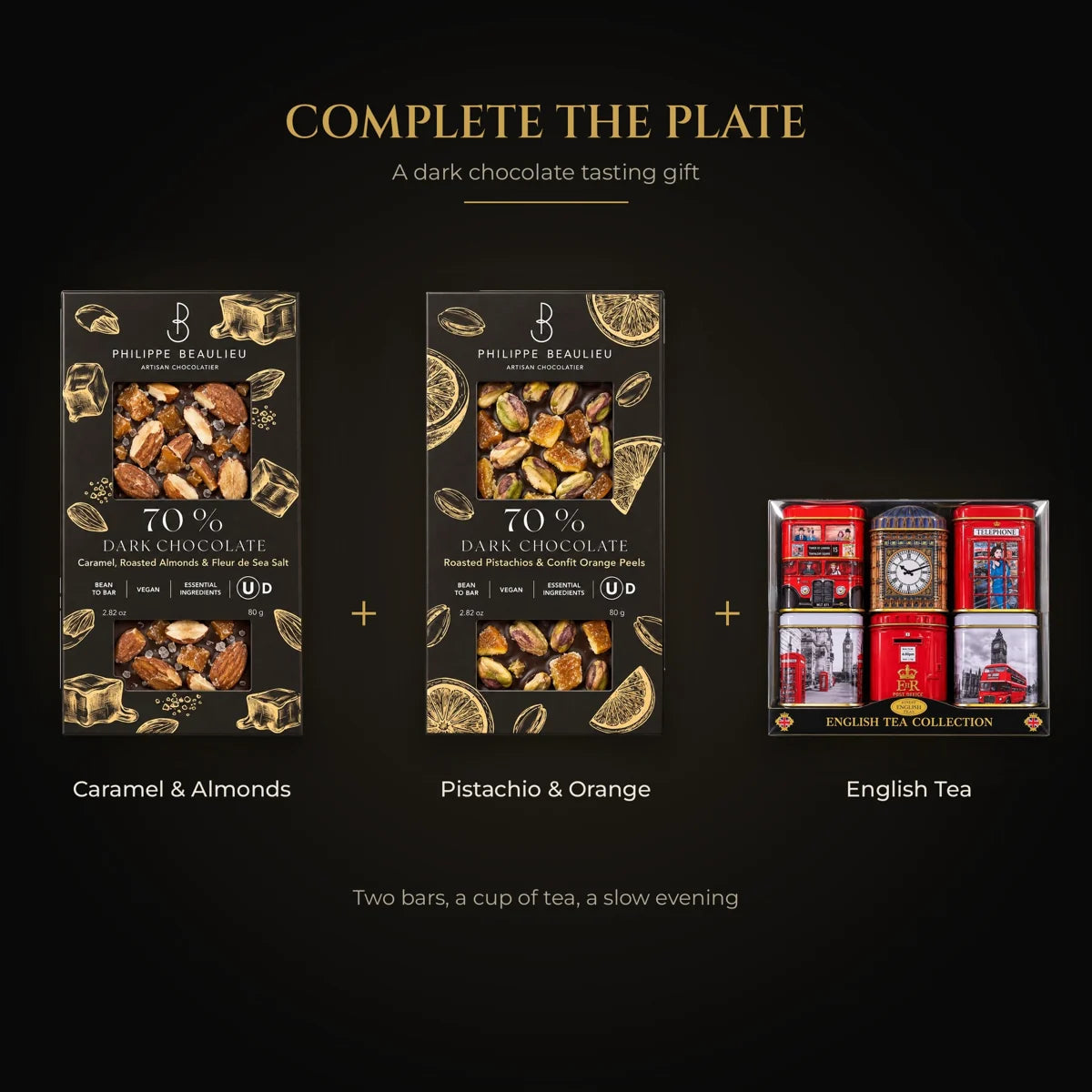 Dark chocolate tasting gift: two Philippe Beaulieu bars and English tea