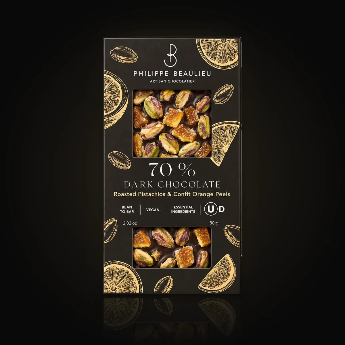 Philippe Beaulieu 70% dark chocolate with pistachios and orange 80 g – Empero Caviar