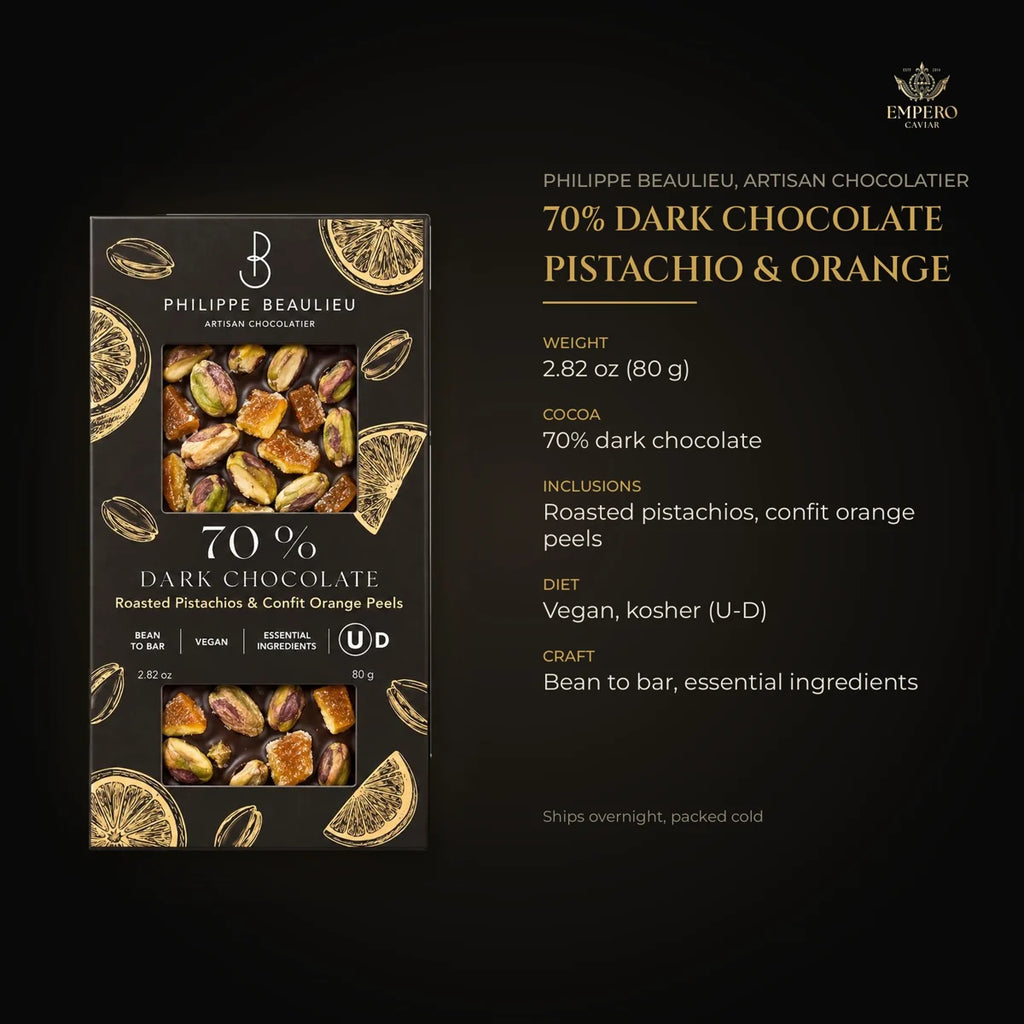 Pistachio orange dark chocolate details – bean to bar, vegan, kosher