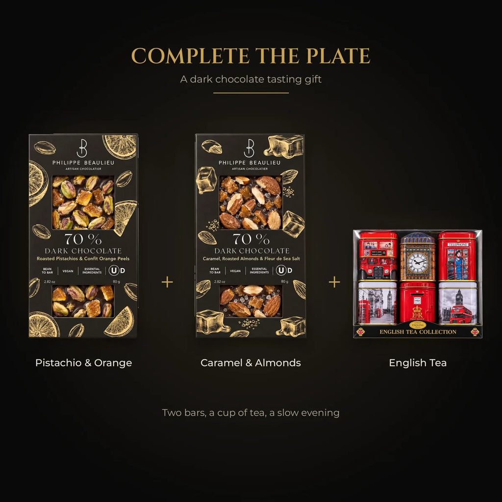 Dark chocolate tasting gift: two Philippe Beaulieu bars and English tea