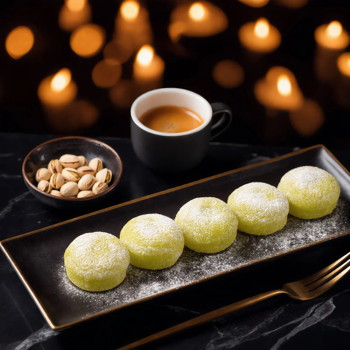 Pistachio mini mochi served on a black plate with espresso