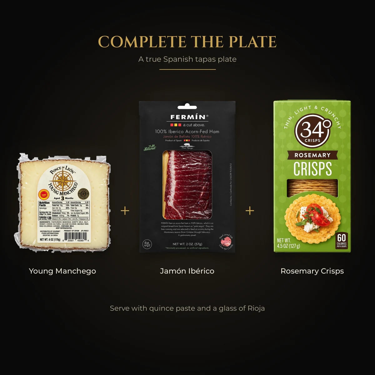 Spanish tapas plate: young Manchego, jamón ibérico and rosemary crisps