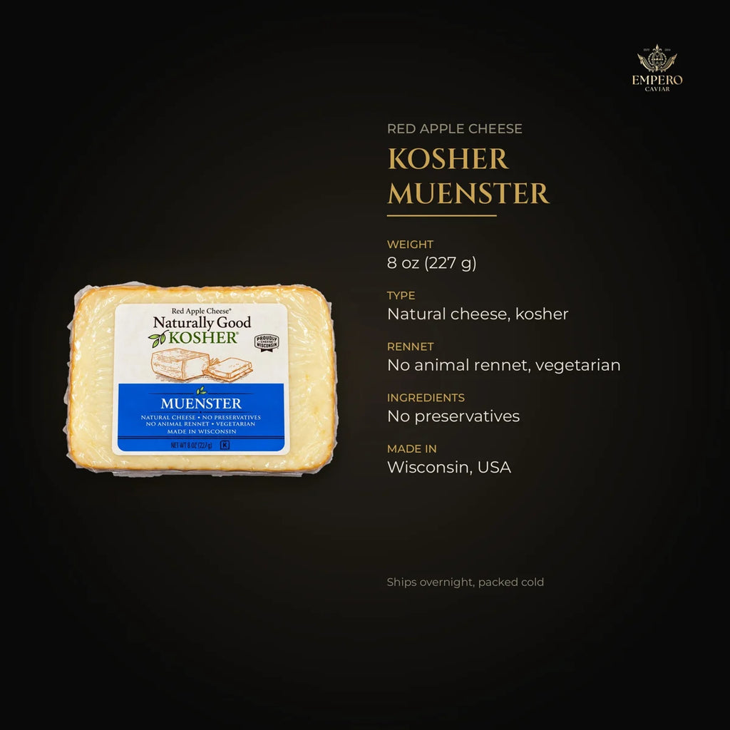 Kosher Muenster details – vegetarian, no preservatives, made in Wisconsin