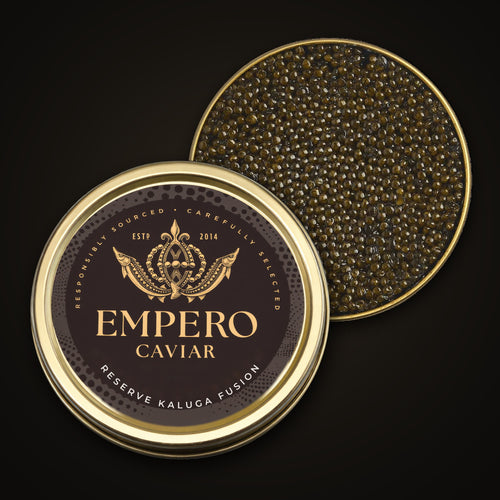 Empero Reserve Kaluga Fusion Caviar — Empero Caviar tin with the lid off, showing the pearls