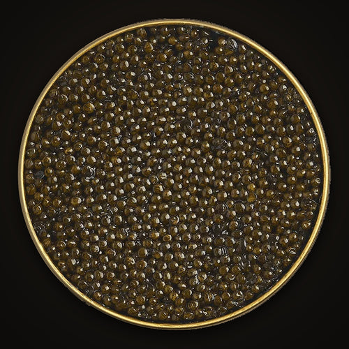 Empero Reserve Kaluga Fusion Caviar close-up: the pearls in an open Empero tin
