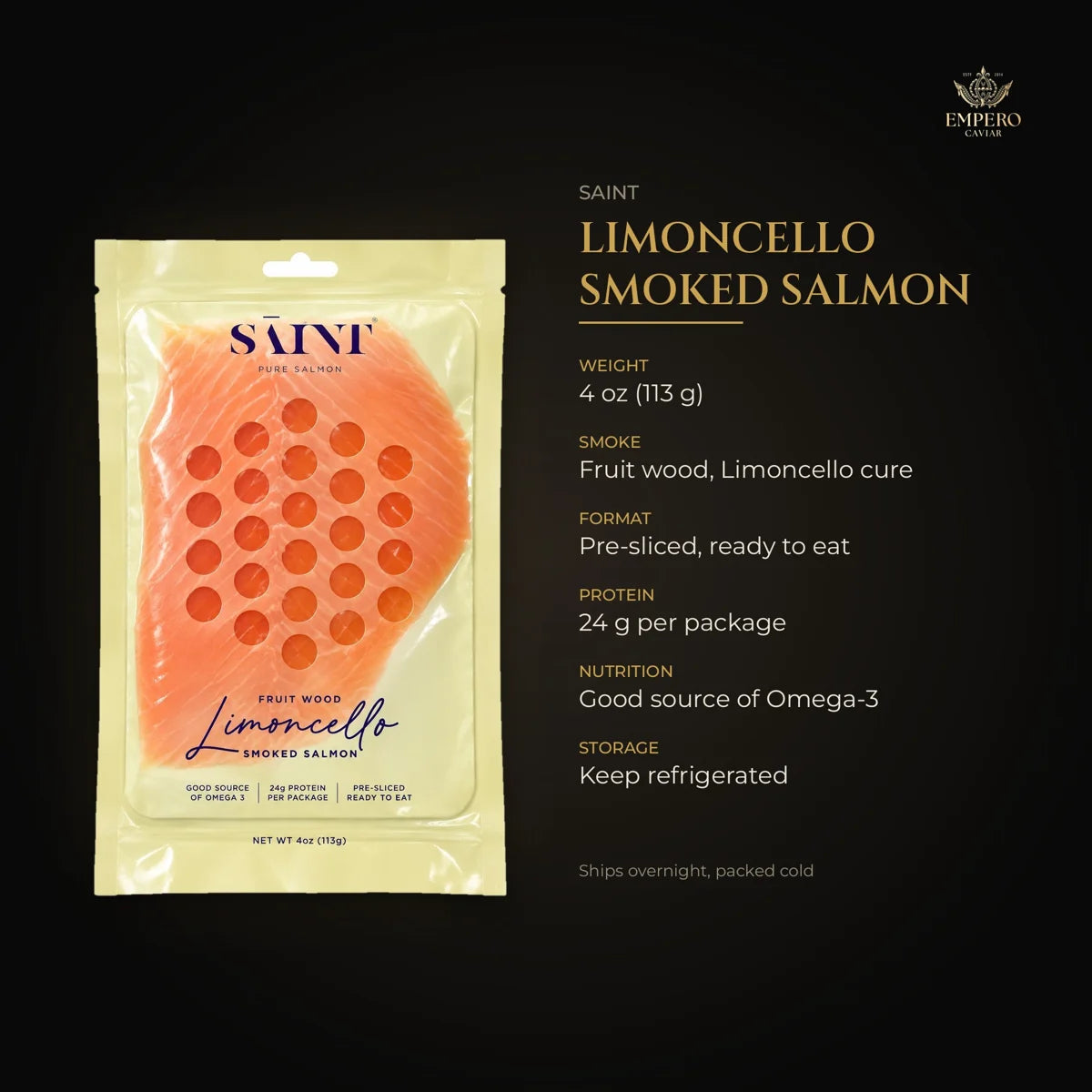 Saint limoncello smoked salmon details – fruit wood, pre-sliced, 24 g protein