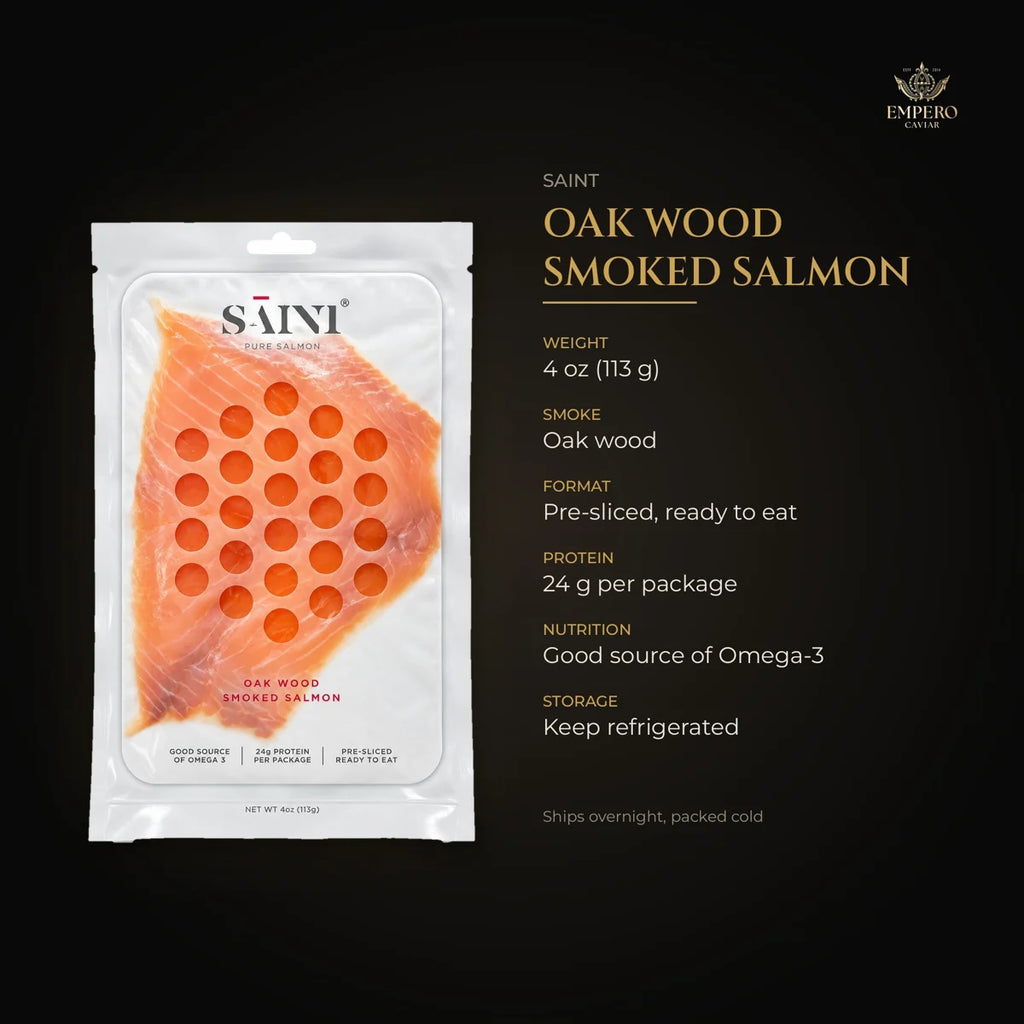 Saint oak smoked salmon details – pre-sliced, 24 g protein, omega-3