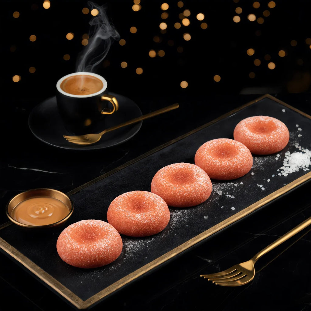 Salted Caramel mini mochi served on a black plate with espresso