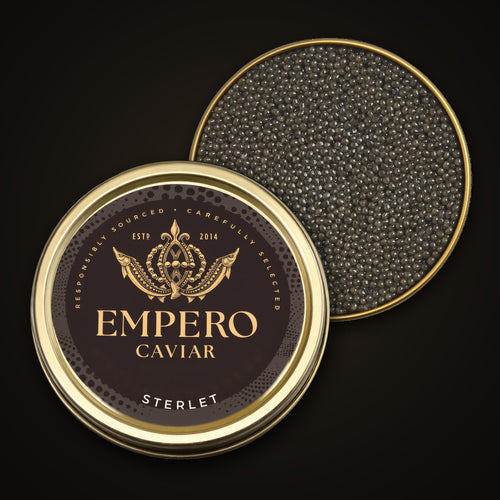Sterlet Caviar — Empero Caviar tin with the lid off, showing the pearls
