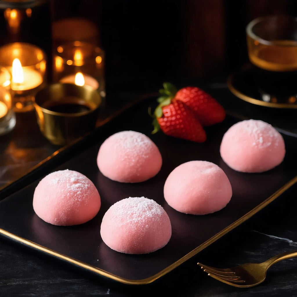 Strawberry mini mochi served on a black plate with espresso