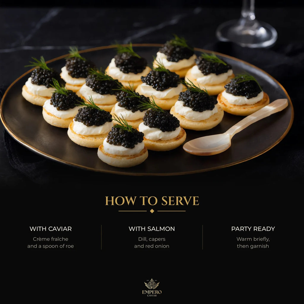 How to serve mini blinis with caviar and smoked salmon