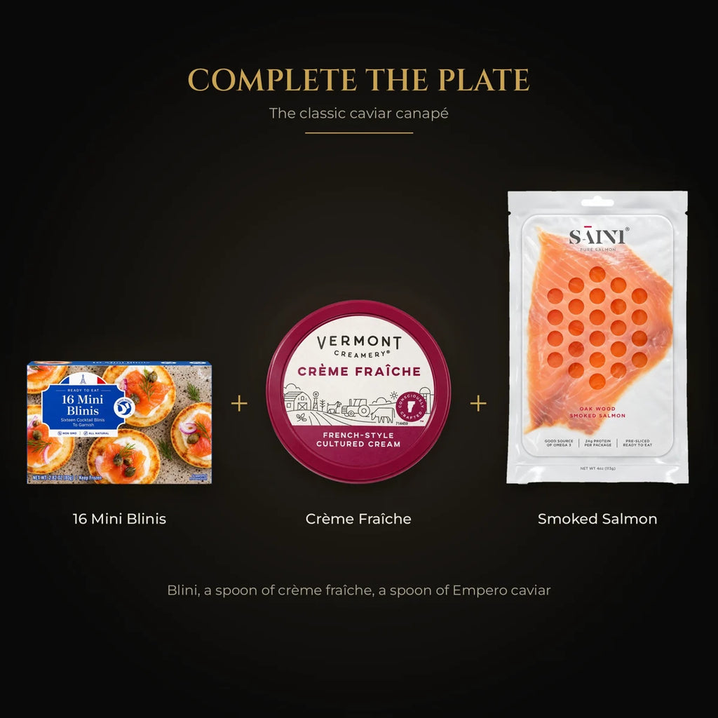Classic caviar canapé set: mini blinis, crème fraîche and smoked salmon