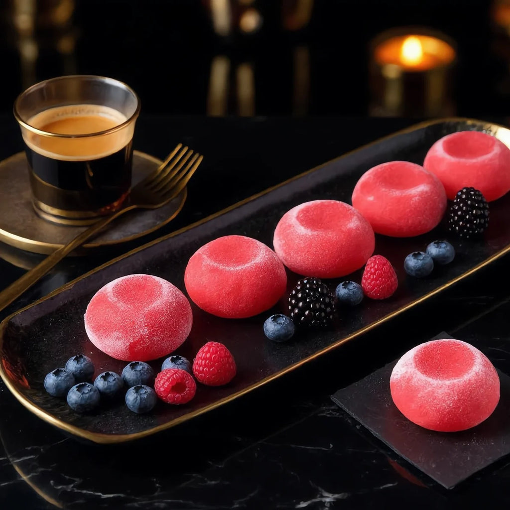 Wild Berry mini mochi served on a black plate with espresso