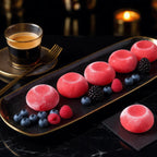 Wild Berry mini mochi served on a black plate with espresso