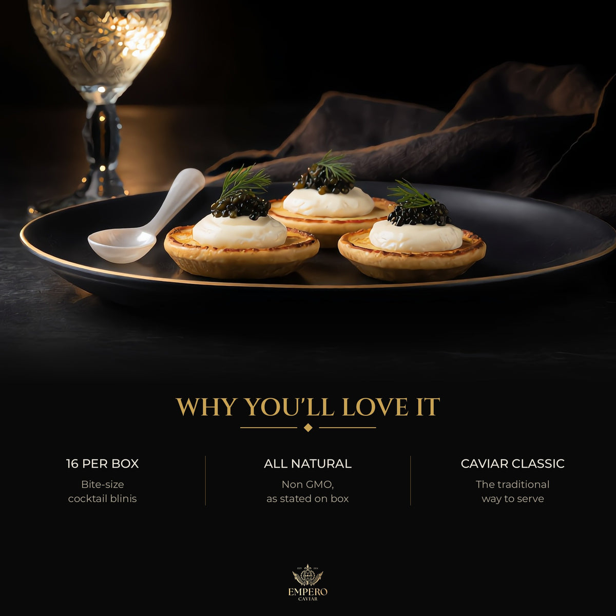 Caviar blinis on a black plate – the classic caviar canapé