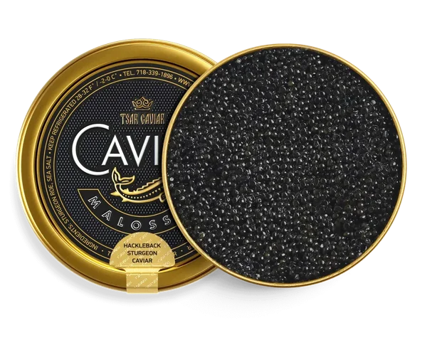 Hackleback Caviar tin, dark grey sturgeon caviar pearls with silvery sheen