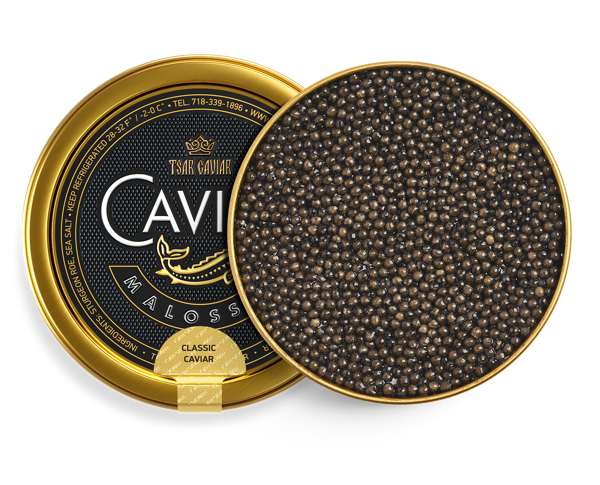 Baerii Sturgeon Classic Caviar tin, dark brown to dark olive caviar pearls