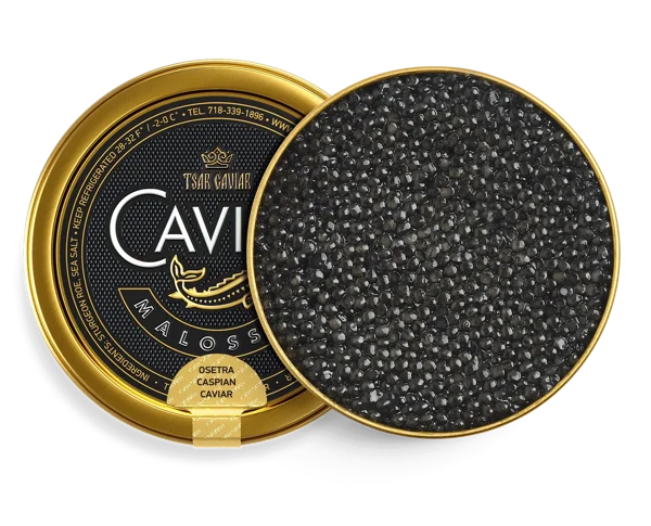 Caspian Osetra Caviar tin, firm dark grey sturgeon caviar pearls